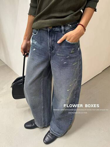 FLOWER水洗涂鸦做旧灰蓝弯刀裤花匣子牛仔裤女2026秋新款88378