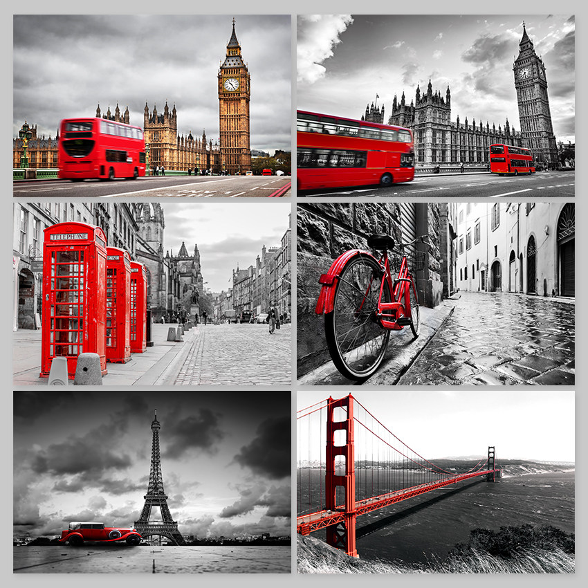 英伦复古黑白城市风景背景墙纸装饰画图片素材