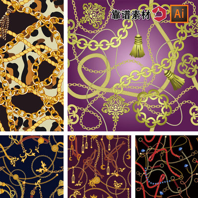 金色锁链链子植物叶子纹理奢华印花图案AI矢量设计素材