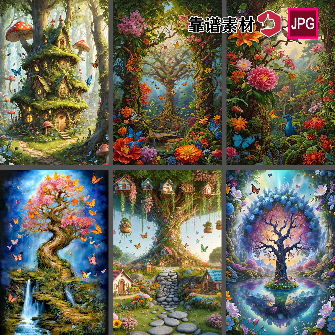童话故事魔幻仙境生命树林大树蘑菇房子插画背景图片素材