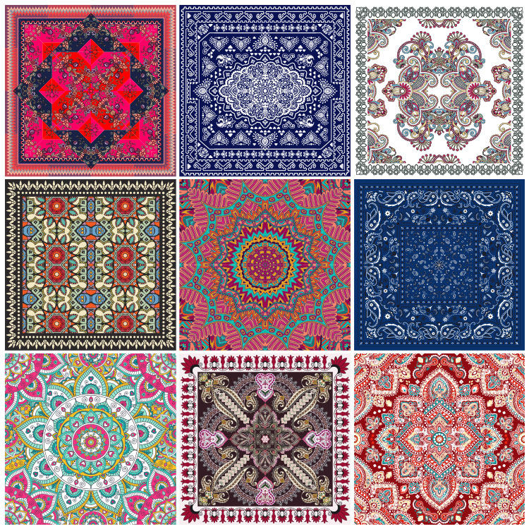 曼陀罗对称传统民族风方形方块地毯花纹图案eps矢量素材