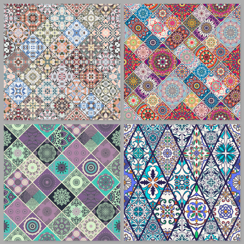 菱形拼接传统花纹花砖地砖无缝印花图案背景墙纸eps设计素材