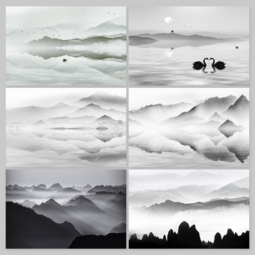 意境中国风水墨山水画雾山远山高清背景墙装饰画图片素材
