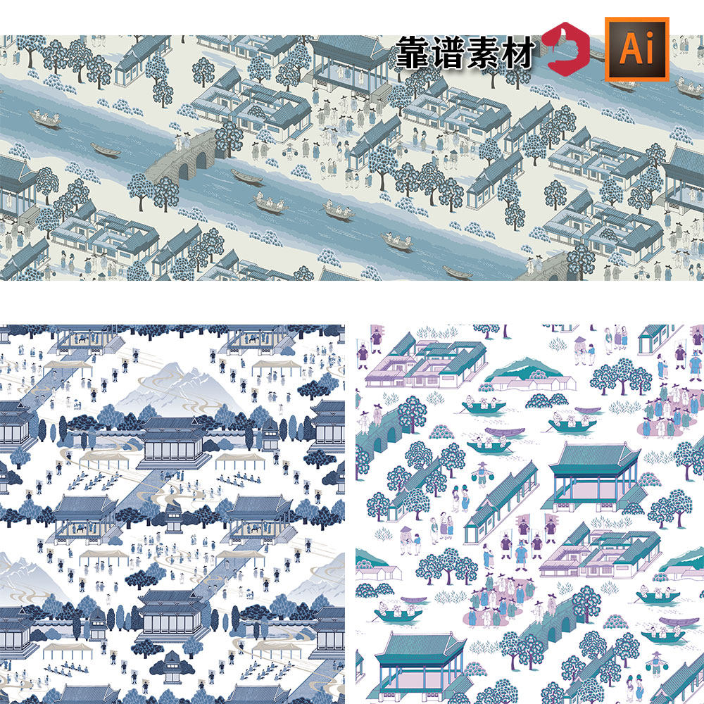 复古传统宫廷皇家古代建筑无缝拼接印花图案AI矢量设计素材