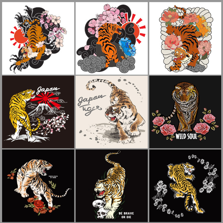 中式中国风传统老虎图腾印花图案eps矢量素材