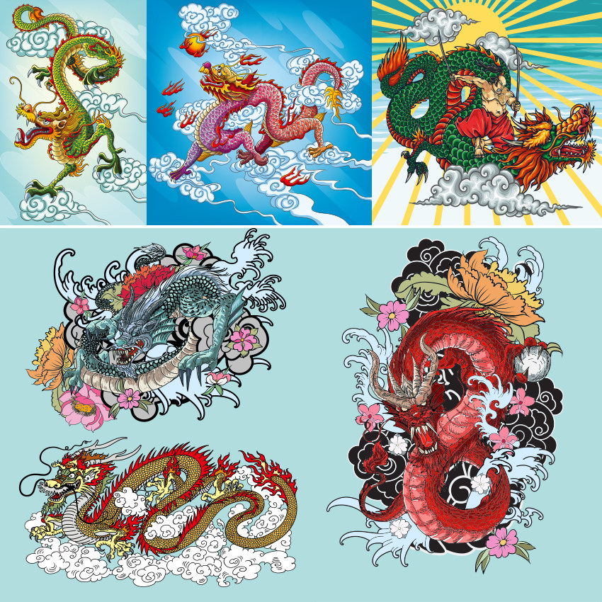 中国风手绘祥云龙图腾传统吉祥插画eps矢量素材