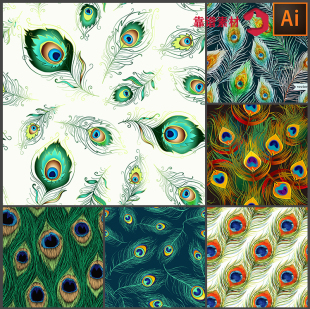 绿色孔雀羽毛家居墙纸地毯服饰无缝印花图案矢量设计素材