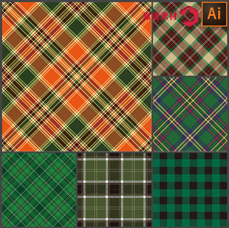 复古绿色英伦服饰面料地毯墙纸格子几何印花图案ai矢量设计素材