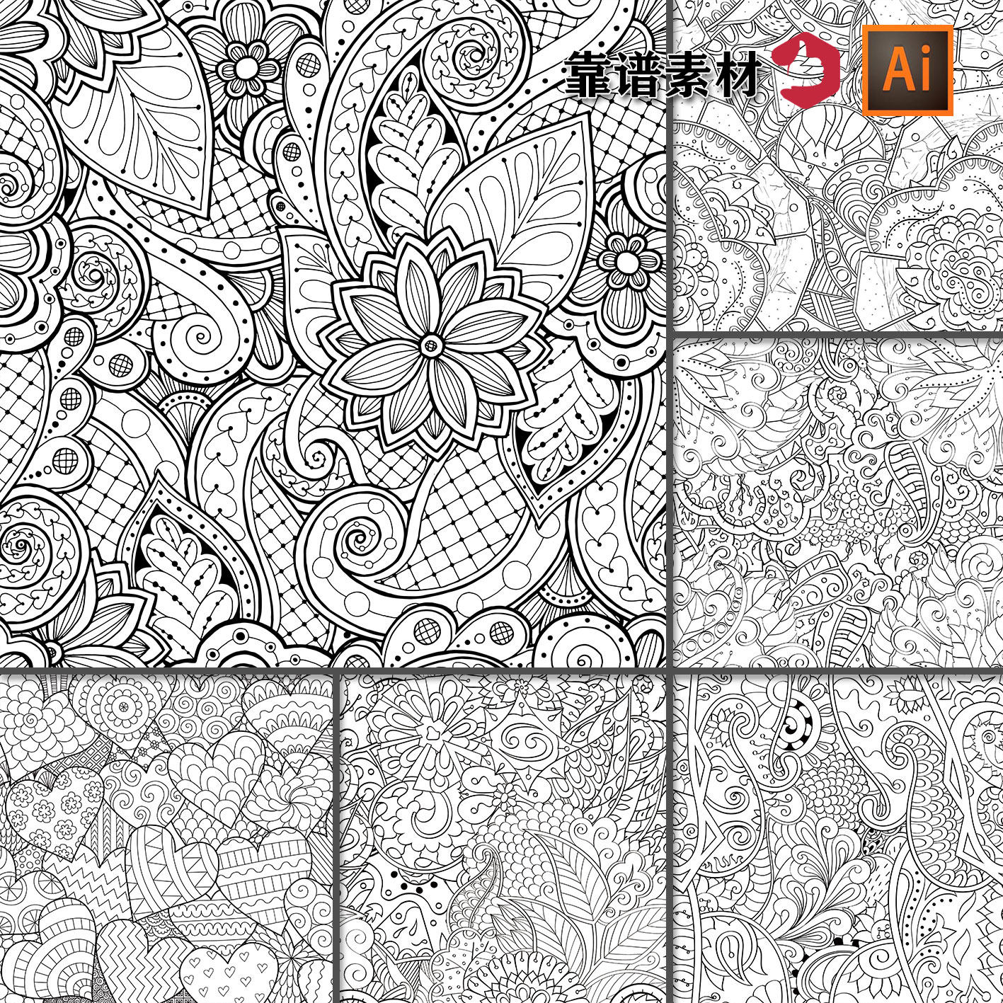 黑白线描素描线条鲜花植物花纹服饰面料墙纸印花图案ai设计素材