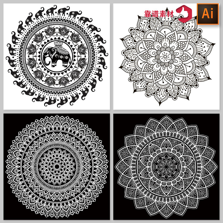 黑白简约吊顶地毯挂毯圆形曼陀罗对称花纹装饰图案矢量设计素材