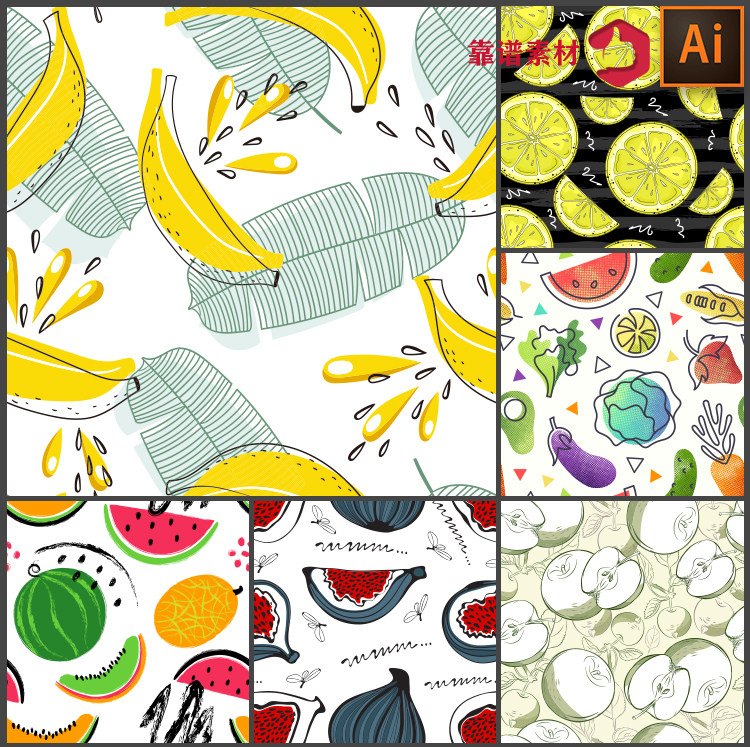 手绘简约线条涂鸦抽象水果店背景墙纸无缝印花图案矢量设计素材