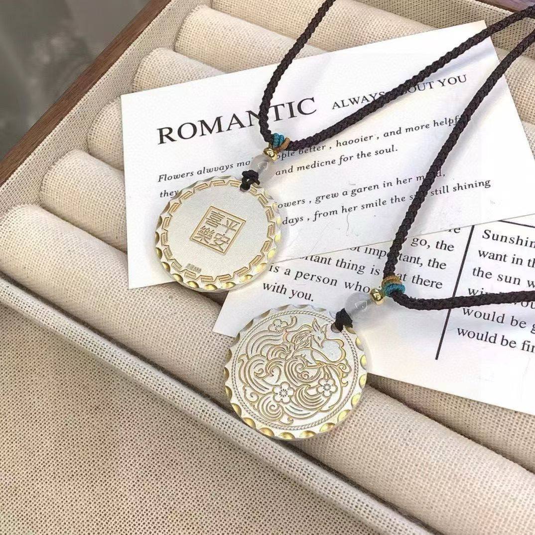 足银9999纯银描金圆牌吊坠实心送男女友平安招财转运复古风套链
