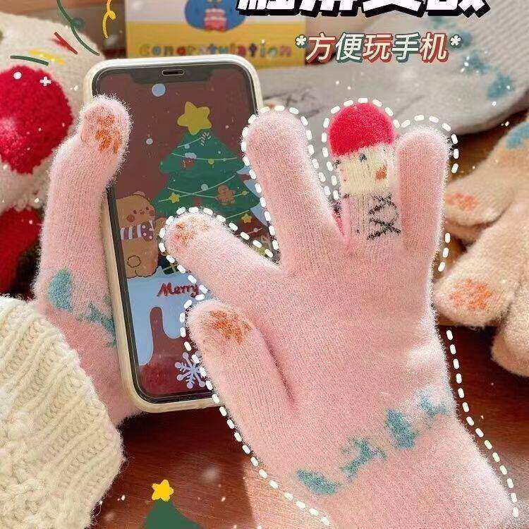 冬季保暖手套毛绒卡通可爱圣诞节雪人五指分指手套可触屏学生女生