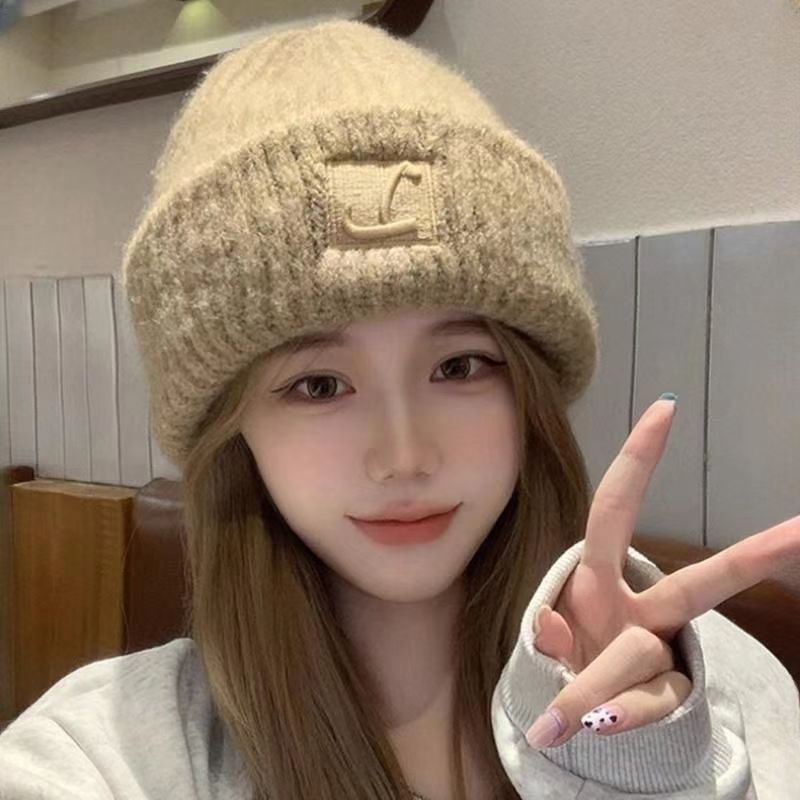 新款大头毛线帽子女冬季保暖护耳宽松堆堆冷帽厚款显脸小针织帽子