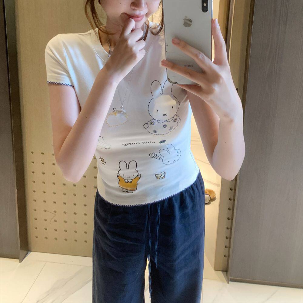 韩系温柔可爱米菲兔子正肩短袖t恤女夏季收腰修身辣妹打底衫上衣