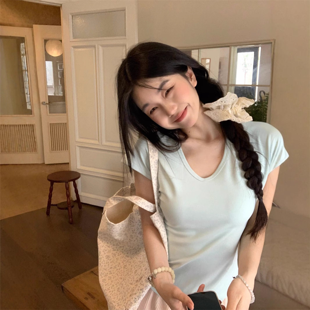 小清新纯色v领短袖T恤女夏季新款韩版甜美修身显瘦百搭上衣打底