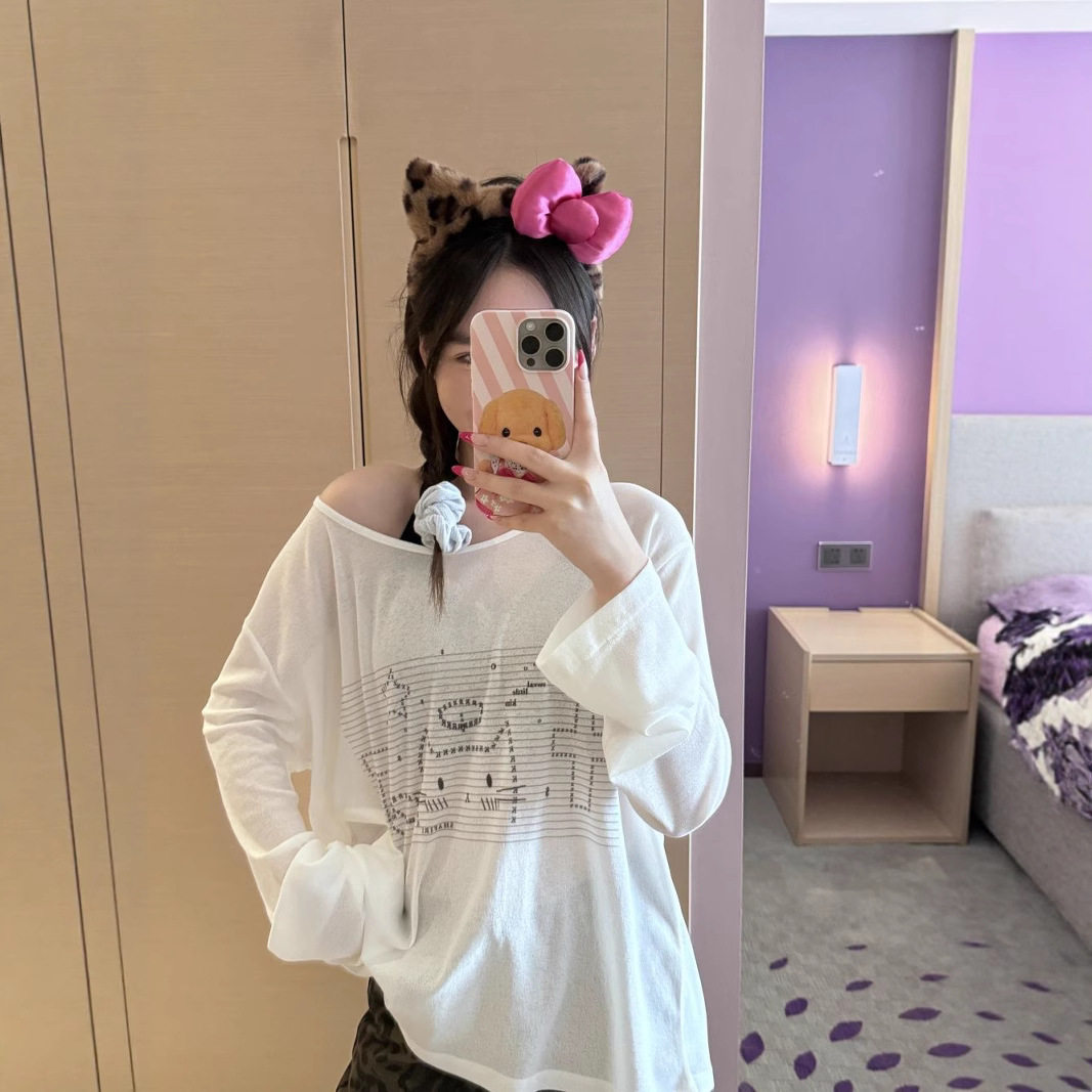 夏季新款韩版卡通印花天丝防晒罩衫女慵懒风宽松显瘦长袖T恤上衣