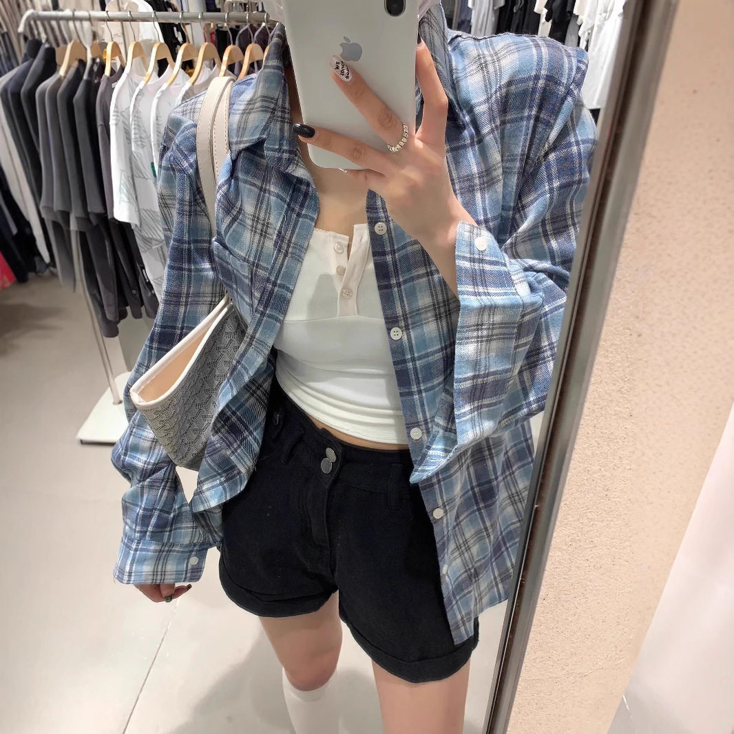 春夏新款通勤格子衬衫女防晒外套设计感小众衬衣开衫外搭显瘦