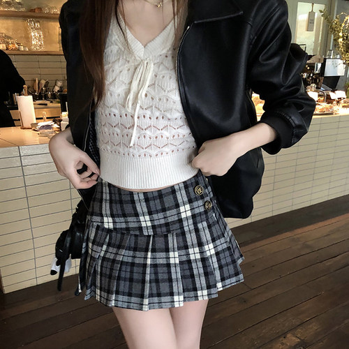 复古撞色毛呢格纹百褶半身裙