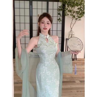 小个子国风晨袍明月松间照～新中式开叉连衣裙女气质绿色改良旗袍