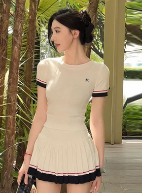 针织运动裙美式羽毛球网球高尔夫学院风上衣蓬蓬裙半身裙两件套装