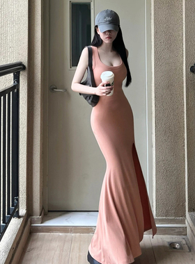 纯欲卡戴珊S曲线性感紧身显瘦无袖包臀高开叉鱼尾背心连衣裙长裙