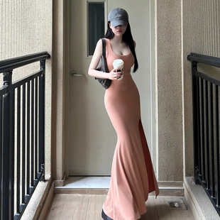 包臀高开叉鱼尾背心连衣裙长裙 纯欲卡戴珊S曲线性感紧身显瘦无袖