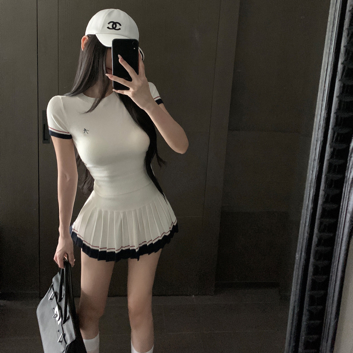 减龄白色针织短袖上衣百褶裙时尚套装女夏季运动网球服高尔夫户外