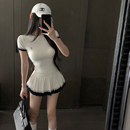 减龄白色针织短袖 套装 女夏季 运动网球服高尔夫户外 上衣百褶裙时尚