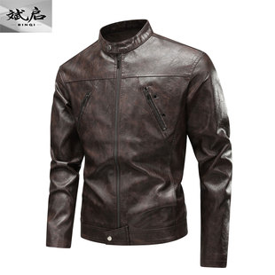 复古机车服休闲皮衣外套潮流大码 男士 宽松立领 秋冬季 斌启2025新款