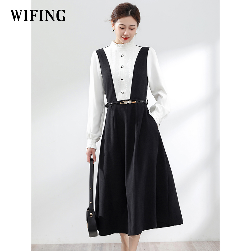 未风黑白拼接连衣裙秋冬高腰显瘦