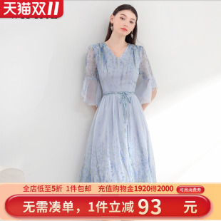 法式 女装 度假显瘦裙子 新款 未风蓝色雪纺碎花连衣裙女夏2025年夏装