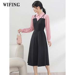 未风黑色衬衫翻领连衣裙女春2026春季新款女装气质假两件职场裙子