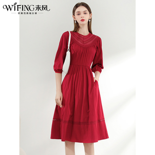 气质泡泡袖 女装 高腰裙子 新款 未风红色复古镂空连衣裙女春2026春季