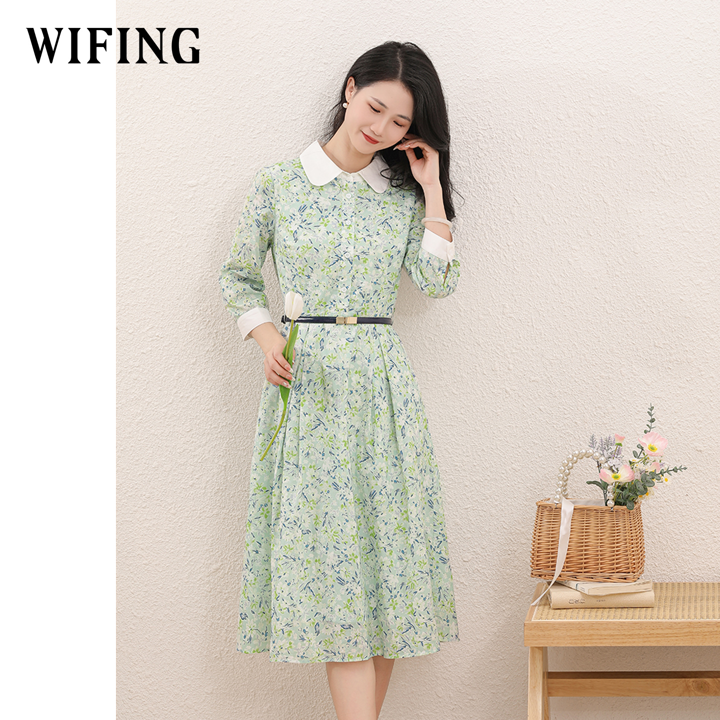 未风气质纯棉碎花高腰连衣裙