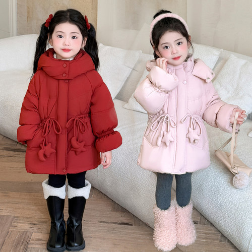 女童冬装羽绒服中长款红色