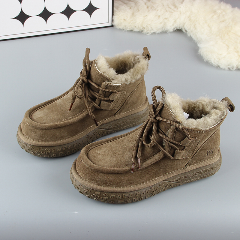 系带雪地靴女加绒加厚羊毛大棉鞋