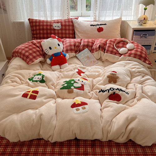 圣诞猫咪毛巾绣牛奶绒四件套