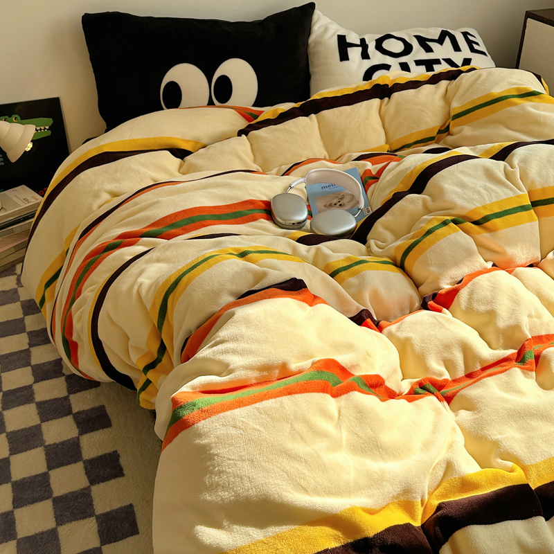 黄条纹秋冬保暖牛奶绒四件套