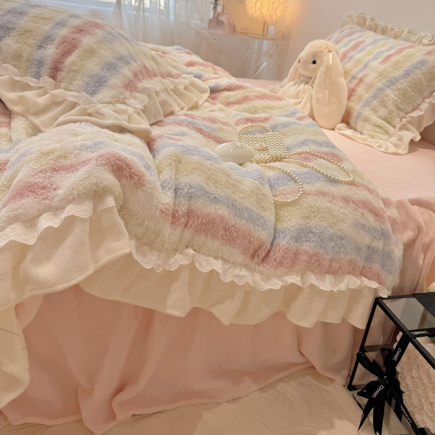 仙女款荷叶边仿兔毛泰迪绒四件套