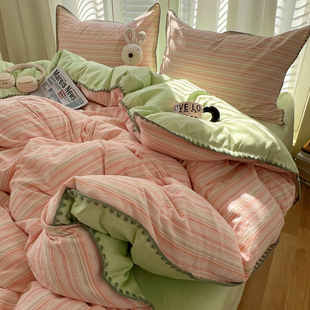 简约条纹柔软裸睡水洗全棉四件套少女心亲肤纯棉加大床品学生床单