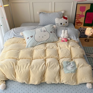 ins奶油双拼色牛奶绒四件套加厚保暖双面绒毛球被套加绒3件套床单