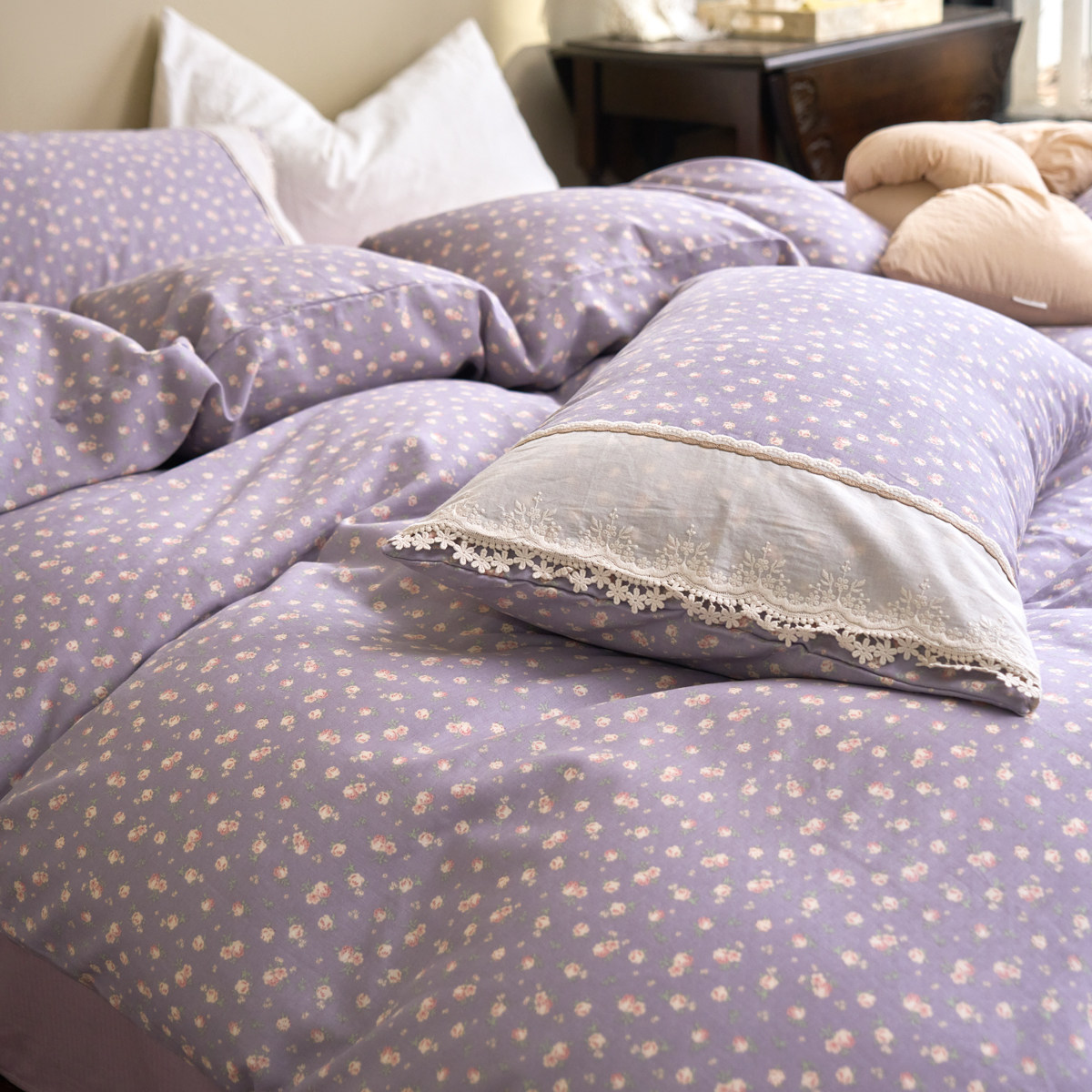 仙女紫花温柔软糯亲肤双层纱全棉四件套少女小花裸睡纯棉床品床笠,床上用品,床品套件/四件套/多件套,淘宝优惠券,粉丝福利购,淘宝优惠卷