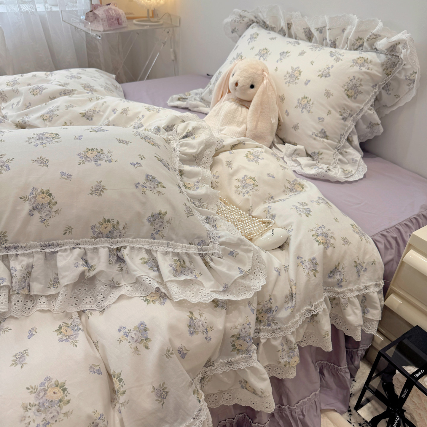 仙女款荷叶边全棉四件套紫色纯棉被套公主风1.5m1.8米床裙床品
