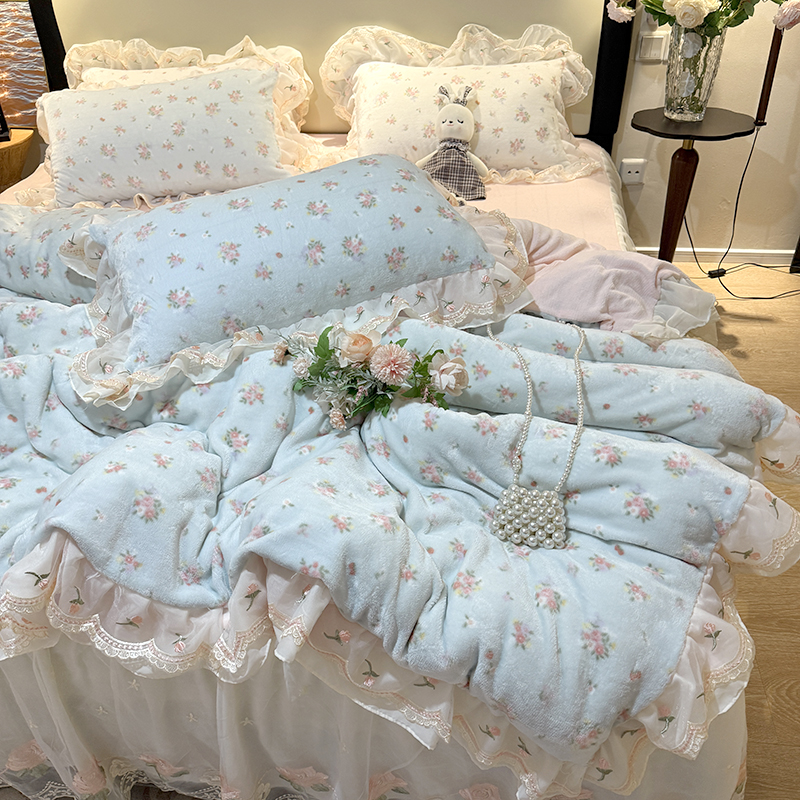 精美刺绣蕾丝花边保暖软糯牛奶绒床裙四件套宿舍珊瑚绒床品绒床单