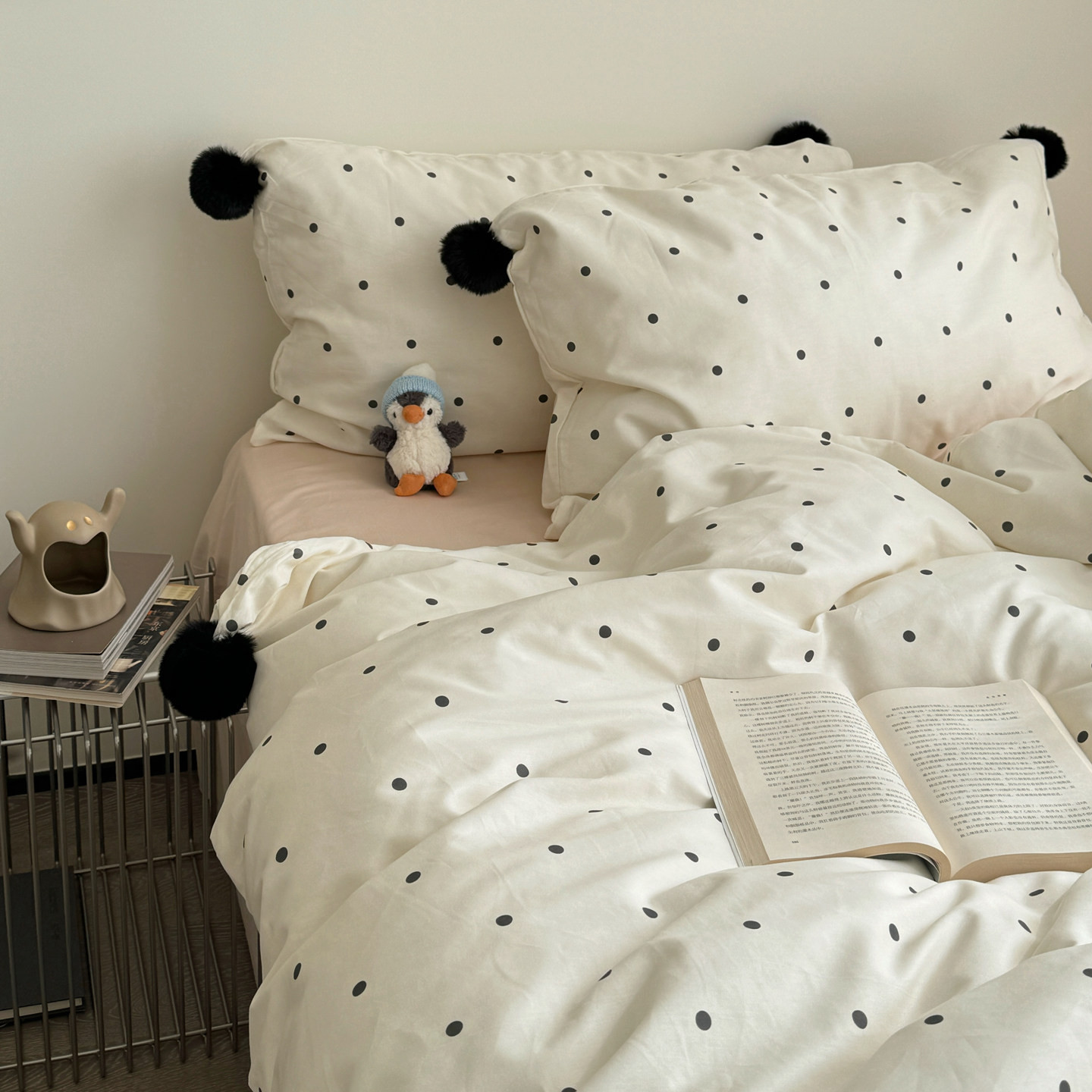 波点香草白毛球球少女心亲肤全棉四件套宿舍裸睡纯棉床品加大被套