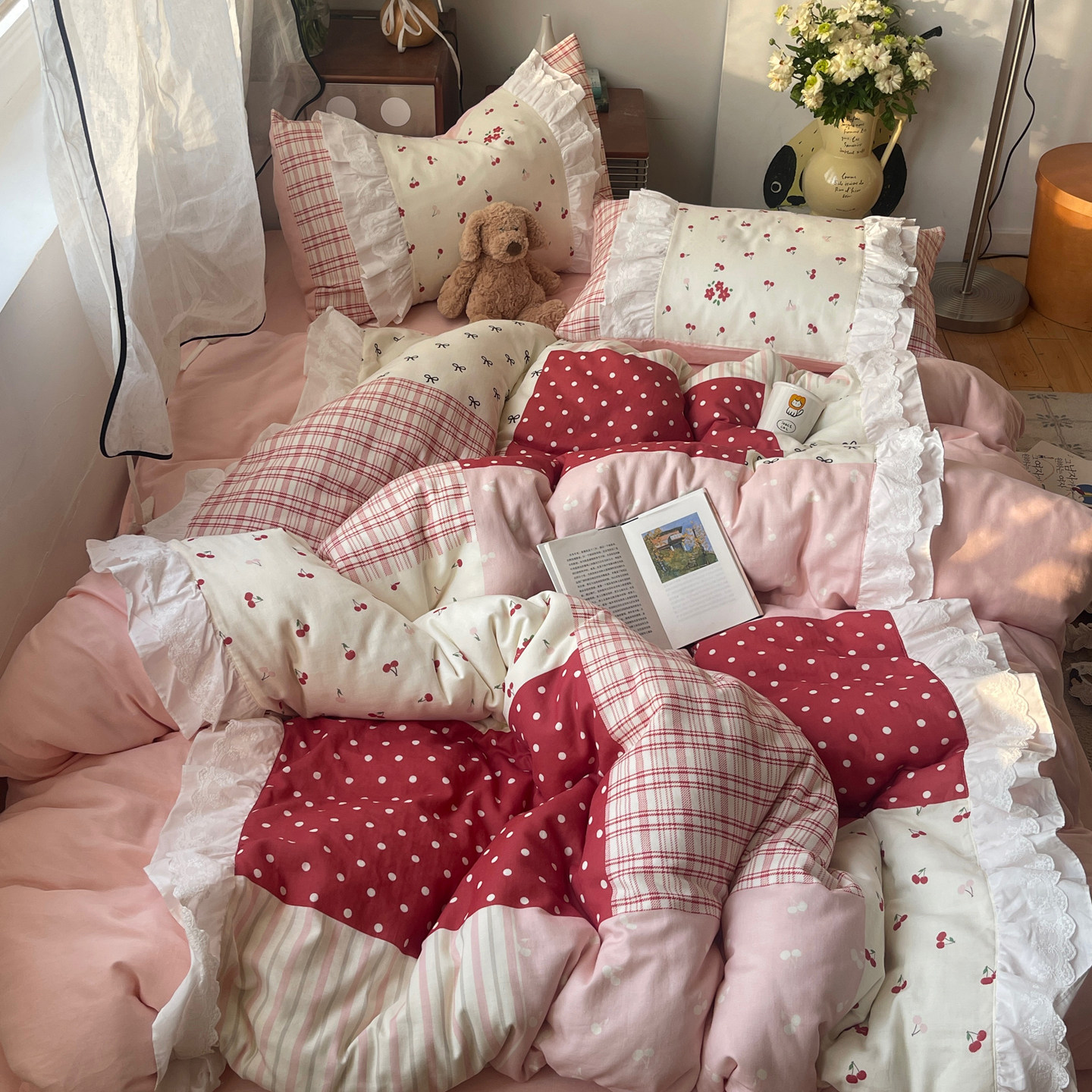 仙女款双层纱全棉四件套公主风少女草莓纯棉被套粉色学生床单床笠