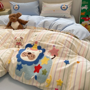 卡通全棉磨毛四件套秋冬保暖加厚纯棉毛巾绣被套学生三件套床单