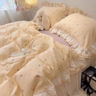 仙女款双层纱全棉四件套公主风亲肤柔软纯棉被套荷叶边少女心床品
