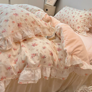 仙女荷叶边全棉四件套田园碎花清新公主花边被套纯棉韩国ins床品